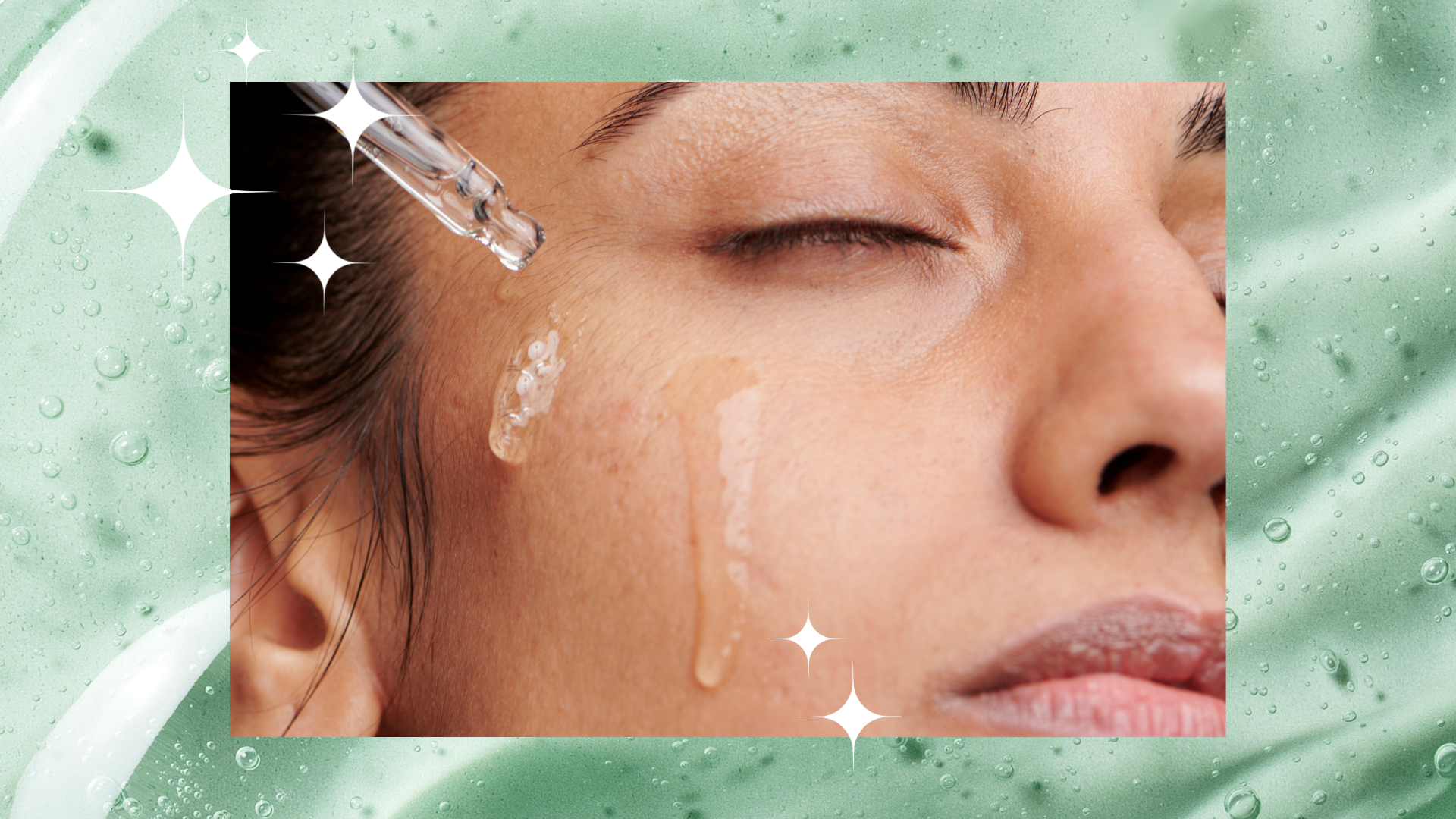 Woman dropping non-toxic skin serum on her cheek